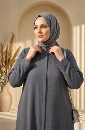 Plus Size Geometric Patterned Bukhara Fabric Abaya 6375-03 Anthracite 6375-03