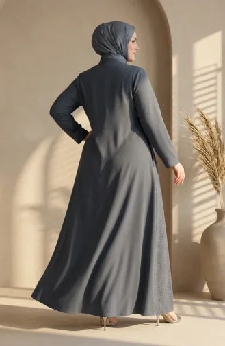 Plus Size Geometric Patterned Bukhara Fabric Abaya 6375-03 Anthracite 6375-03
