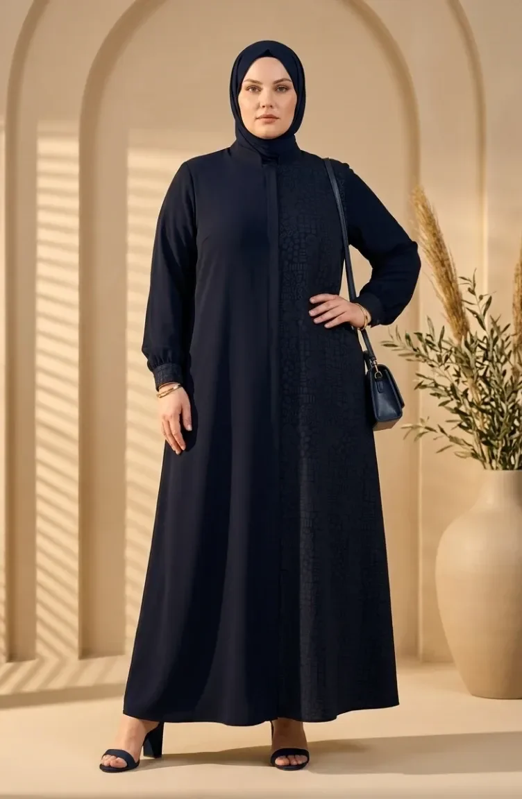 عباية من قماش بخارى بنقوش هندسية بمقاسات كبيرة، رقم الموديل 6375-05، لون كحلي 6375-05