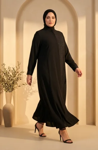 Plus Size Geometric Patterned Bukhara Fabric Abaya 6375-07 Black 6375-07