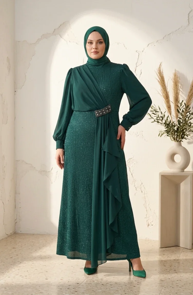 Chiffon-Abendkleid In Übergröße Mit Glitzerdetails Und Hijab Modell 6282-01 Smaragdgrün 6282-01