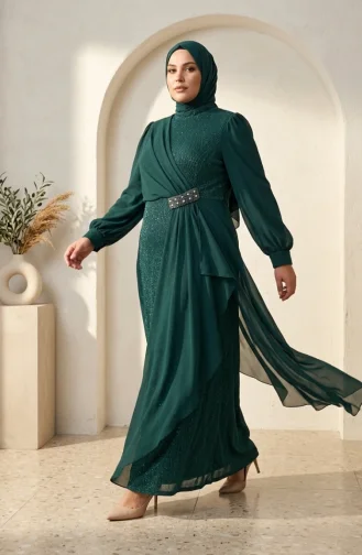 Chiffon-Abendkleid In Übergröße Mit Glitzerdetails Und Hijab Modell 6282-01 Smaragdgrün 6282-01