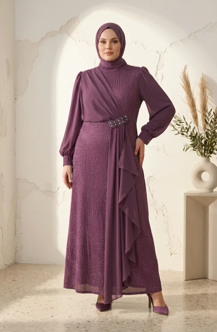 Chiffon-Abendkleid In Übergröße Mit Glitzerdetails Und Hijab Modell 6282-02 Rosé 6282-02