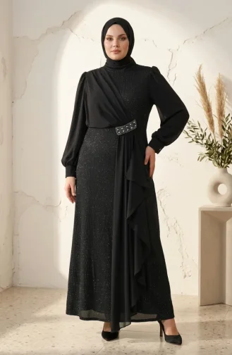 فستان سهرة أسود مزين بتفاصيل لامعة من الشيفون بمقاسات كبيرة، رقم الموديل 6282-04 6282-04