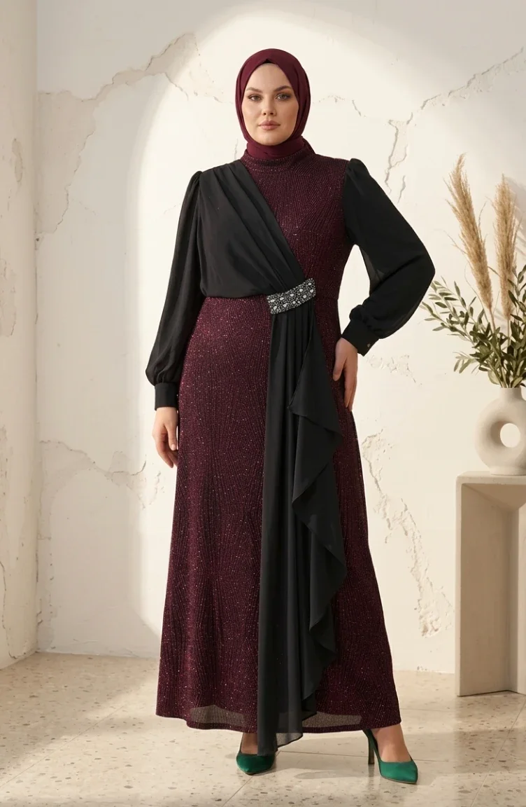 Chiffon-Abendkleid In Übergröße Mit Glitzerdetails Und Hijab Farbe: Pflaume Modell 6282-05 6282-05