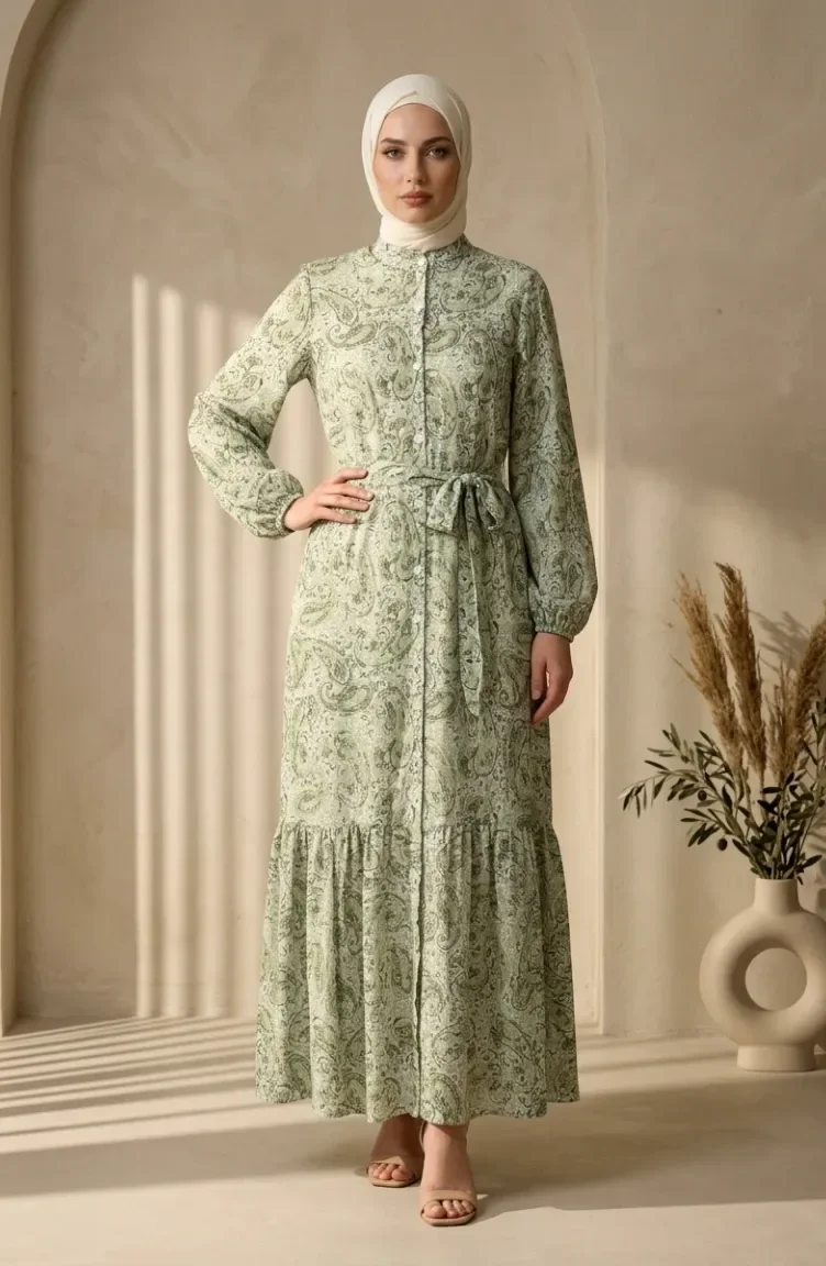 Robe Modeste Boutonnée En Tissu Modal 0344-01 Kaki 0344-01