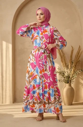 فستان حجاب من قماش المودال بأزرار أمامية ونقوش مميزة 0347-01 فوشيا 0347-01