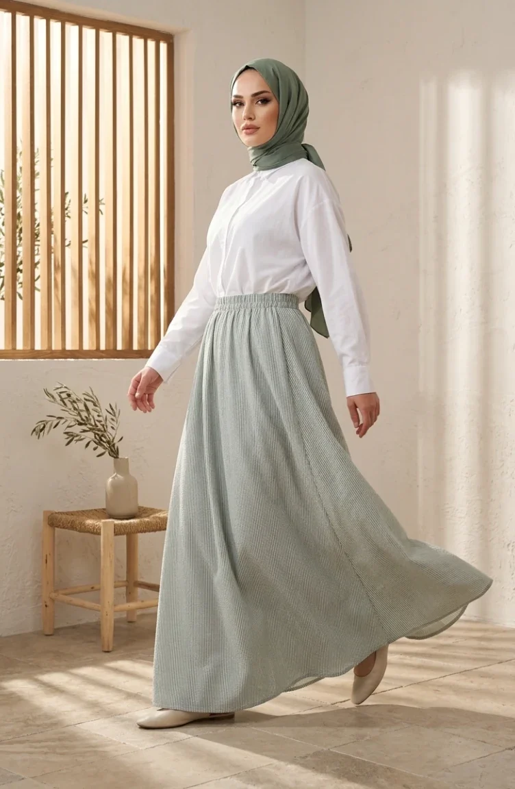 Jupe Rayée En Viscose Avec Taille élastiquée 0348-01 Verte 0348-01