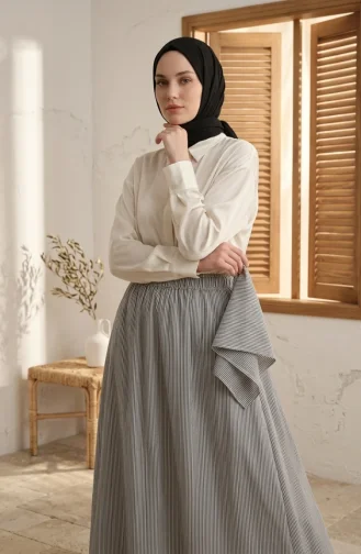 Jupe Rayée En Viscose Avec Taille élastiquée 0348-03 Noir 0348-03