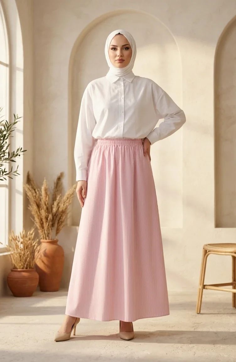 Jupe Rayée En Viscose Avec Taille élastiquée 0348-05 Rose 0348-05