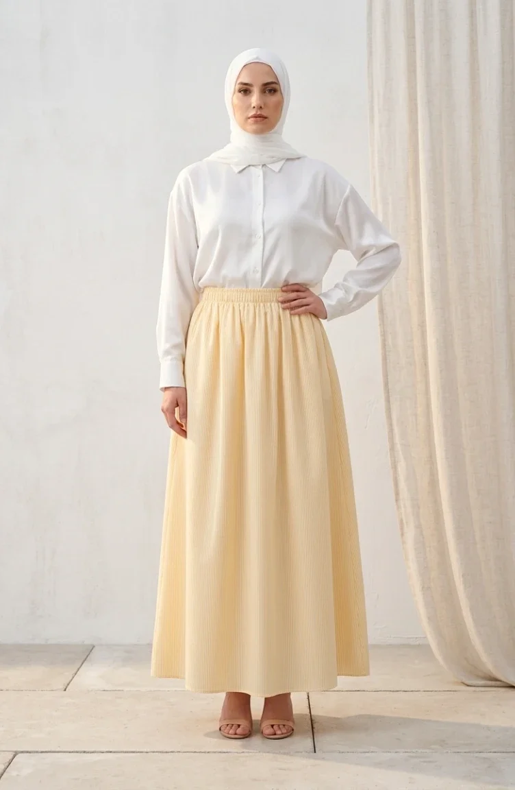 Jupe Rayée En Viscose Avec Taille élastiquée 0348-08 Jaune 0348-08