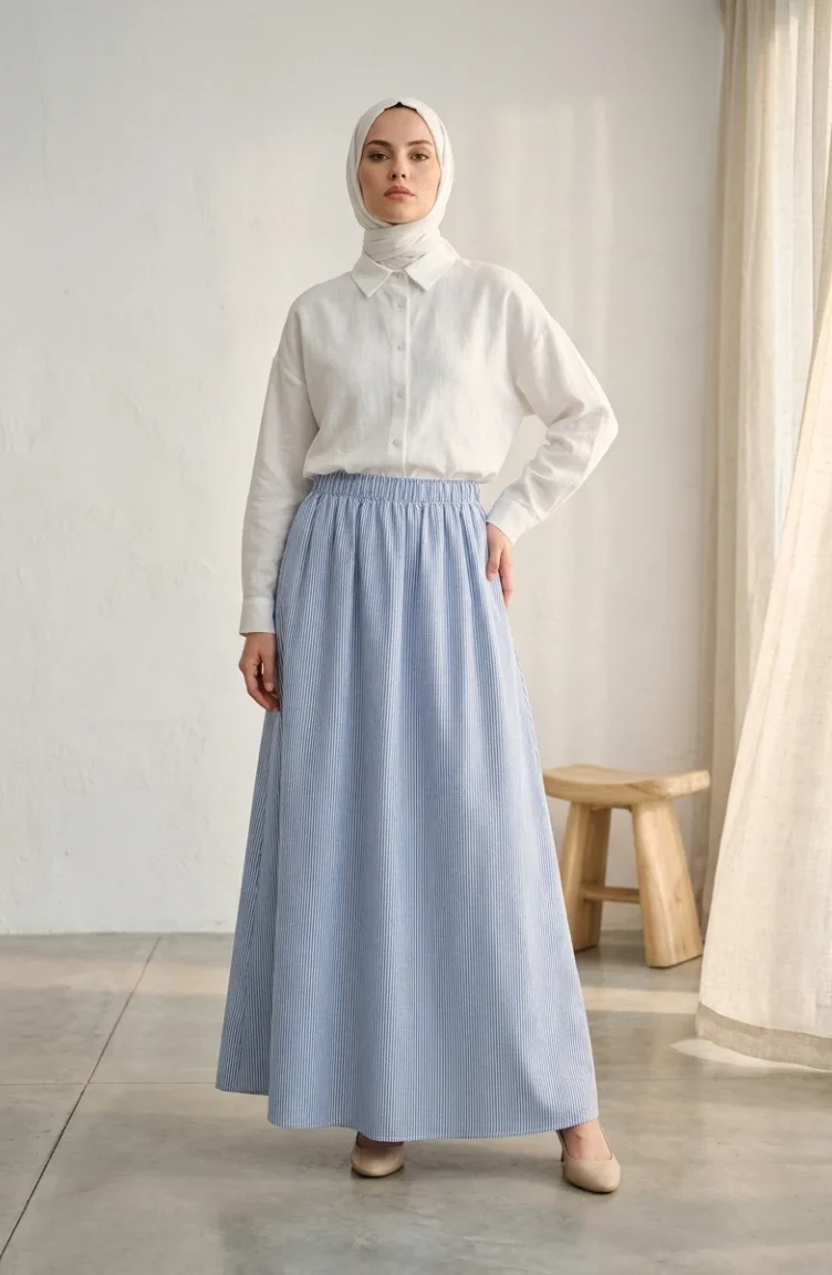 Jupe Rayée En Viscose Avec Taille élastiquée 0348-09 Bleu Marine 0348-09