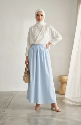 Jupe Rayée En Viscose Avec Taille élastiquée 0348-10 Bleu Ciel 0348-10