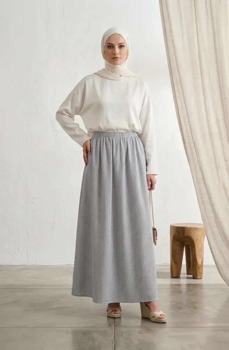 Jupe Rayée En Viscose Avec Taille élastiquée 0348-11 Bleu Marine 0348-11