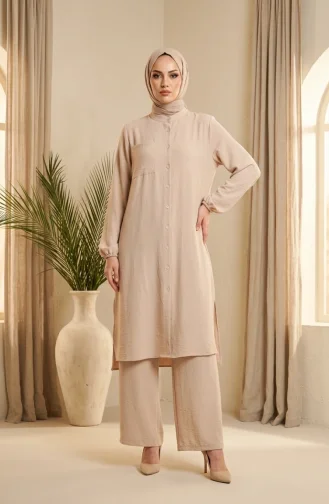 Aerobin Fabric Button-Down Hijab Two-Piece Set 4149-03 Beige 4149-03