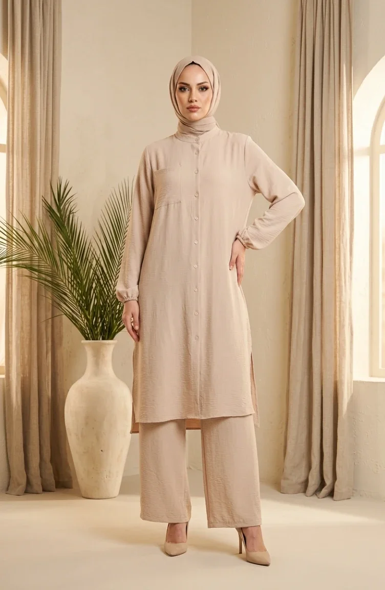 Aerobin Fabric Button-Down Hijab Two-Piece Set 4149-03 Beige 4149-03