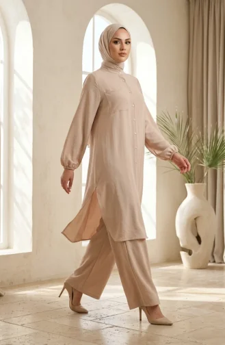 Aerobin Fabric Button-Down Hijab Two-Piece Set 4149-03 Beige 4149-03