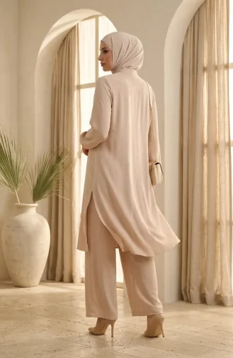 Aerobin Fabric Button-Down Hijab Two-Piece Set 4149-03 Beige 4149-03