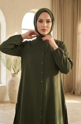 طقم حجاب من قطعتين من قماش أيروبين بأزرار أمامية، لون كاكي، رقم الموديل 4149-04 4149-04