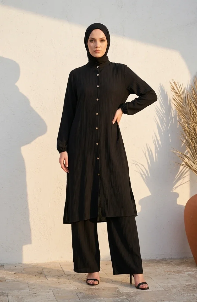 Mandarin Collar Button-Down Hijab Two-Piece Set 2297-01 Black 2297-01