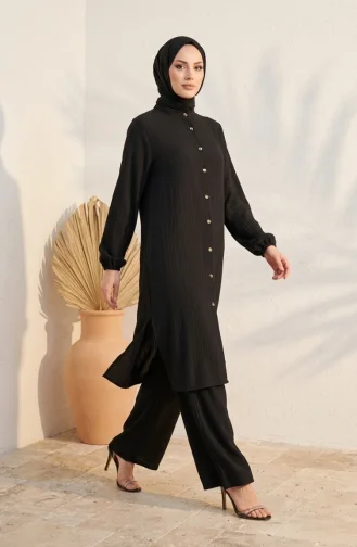 Mandarin Collar Button-Down Hijab Two-Piece Set 2297-01 Black 2297-01