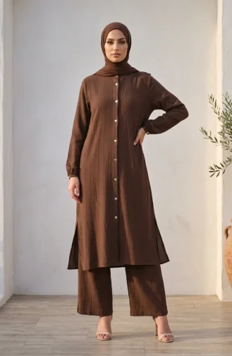 Mandarin Collar Button-Down Hijab Two-Piece Set 2297-02 Brown 2297-02