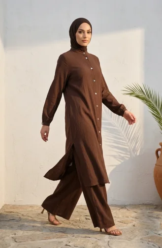 Mandarin Collar Button-Down Hijab Two-Piece Set 2297-02 Brown 2297-02