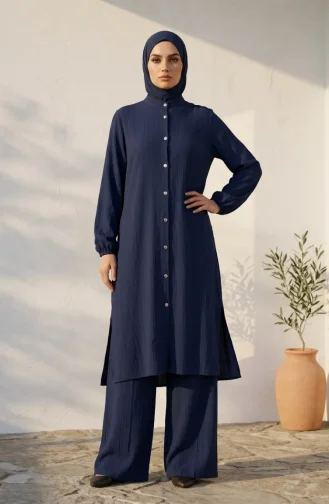 Mandarin Collar Button-Down Hijab Two-Piece Set 2297-03 Navy Blue 2297-03