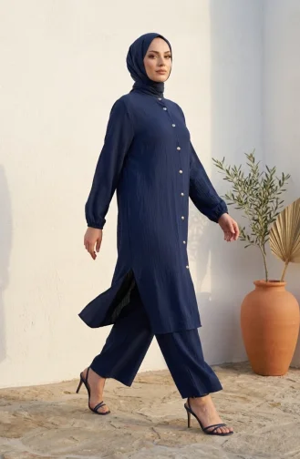 Mandarin Collar Button-Down Hijab Two-Piece Set 2297-03 Navy Blue 2297-03