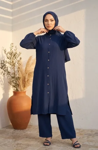 Mandarin Collar Button-Down Hijab Two-Piece Set 2297-03 Navy Blue 2297-03