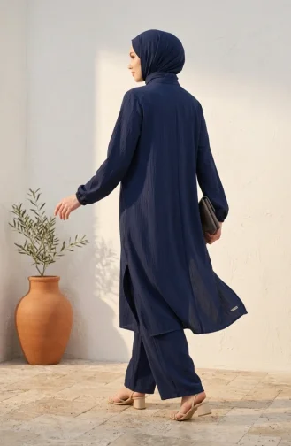 Mandarin Collar Button-Down Hijab Two-Piece Set 2297-03 Navy Blue 2297-03