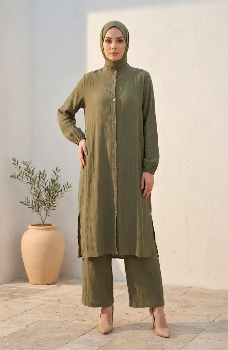 Mandarin Collar Button-Down Hijab Two-Piece Set 2297-04 Khaki 2297-04