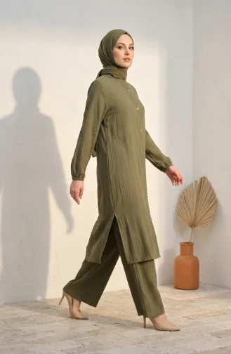 Mandarin Collar Button-Down Hijab Two-Piece Set 2297-04 Khaki 2297-04