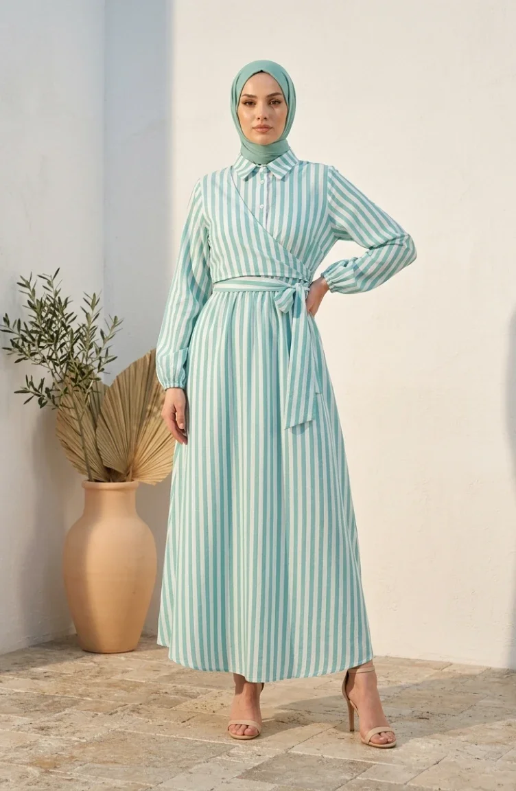Robe Hijab En Lin Rayé Taille élastique Lien Latéral Vert Menthe 0322-11 0322-11