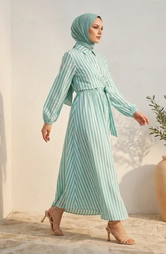 Robe Hijab En Lin Rayé Taille élastique Lien Latéral Vert Menthe 0322-11 0322-11