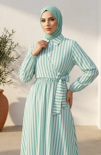 Robe Hijab En Lin Rayé Taille élastique Lien Latéral Vert Menthe 0322-11 0322-11