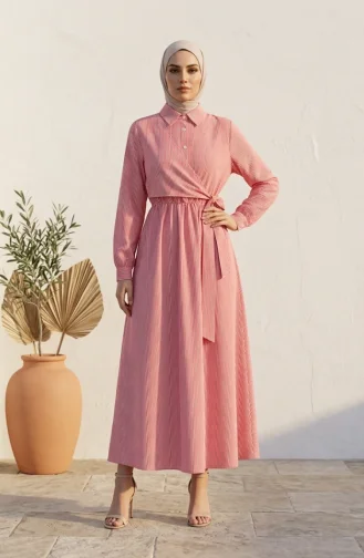 Robe Hijab Rayée à Boutons Et Liens Latéraux 0349-02 Rouge 0349-02