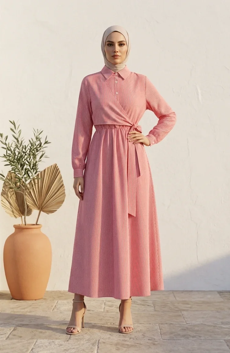 Robe Hijab Rayée à Boutons Et Liens Latéraux 0349-02 Rouge 0349-02