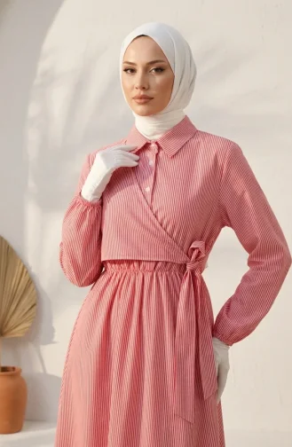 Robe Hijab Rayée à Boutons Et Liens Latéraux 0349-02 Rouge 0349-02