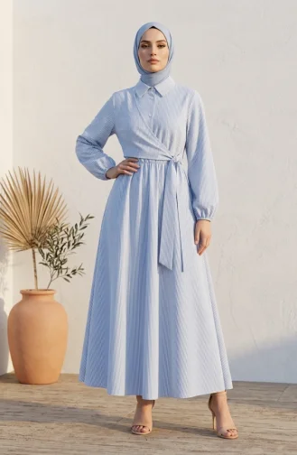 Robe Hijab Rayée à Boutons Et Liens Latéraux 0349-03 Bleu 0349-03