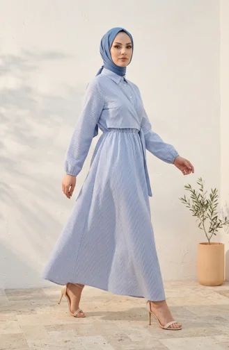 Robe Hijab Rayée à Boutons Et Liens Latéraux 0349-03 Bleu 0349-03