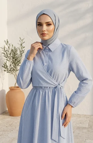 Robe Hijab Rayée à Boutons Et Liens Latéraux 0349-03 Bleu 0349-03