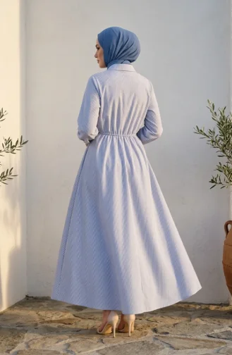 Robe Hijab Rayée à Boutons Et Liens Latéraux 0349-03 Bleu 0349-03
