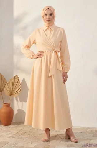Robe Hijab Rayée à Boutons Et Liens Latéraux 0349-04 Jaune 0349-04
