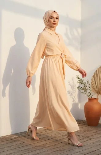 Robe Hijab Rayée à Boutons Et Liens Latéraux 0349-04 Jaune 0349-04