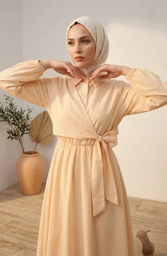 Robe Hijab Rayée à Boutons Et Liens Latéraux 0349-04 Jaune 0349-04