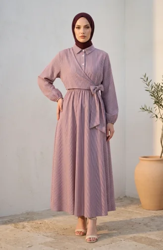 Robe Hijab Rayée à Boutons Et Liens Latéraux 0349-05 Bordeaux 0349-05