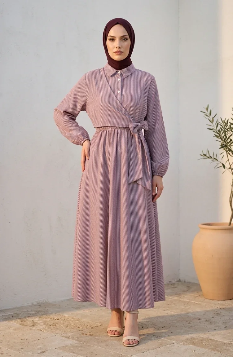 Robe Hijab Rayée à Boutons Et Liens Latéraux 0349-05 Bordeaux 0349-05