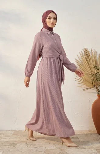 Robe Hijab Rayée à Boutons Et Liens Latéraux 0349-05 Bordeaux 0349-05