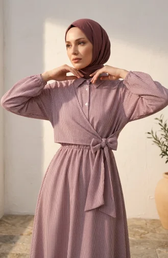 Robe Hijab Rayée à Boutons Et Liens Latéraux 0349-05 Bordeaux 0349-05